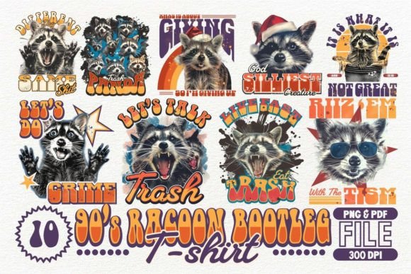 90's Racoon Bootleg Tshirt Design Bundle